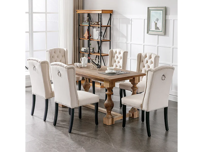 Set van 6 fluwelen stoelen met eikenhouten poten – beige