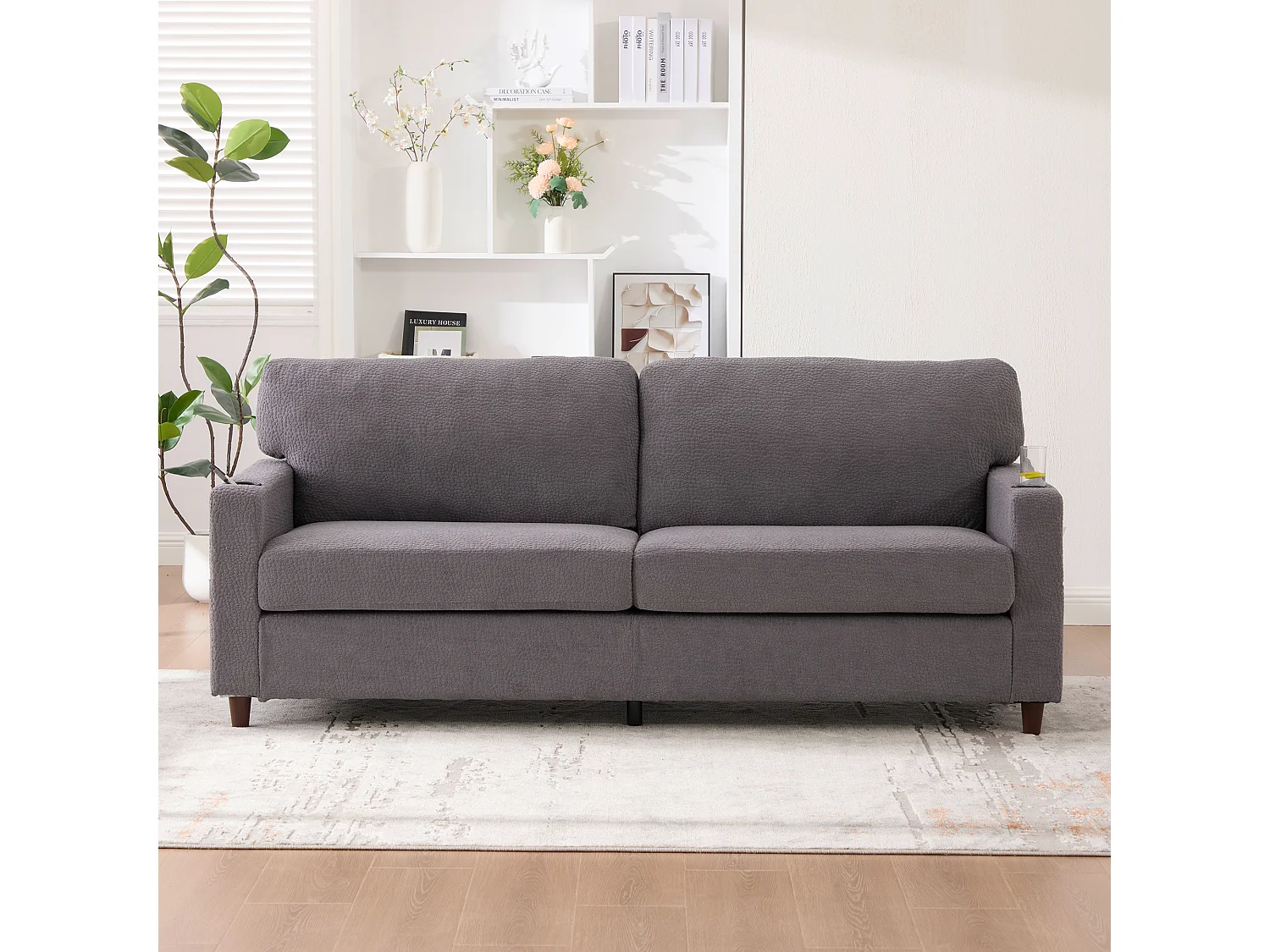 Sofá de 2 plazas con iluminación LED - Sofá recto con portavasos y bolsillos laterales - chenilla gris claro