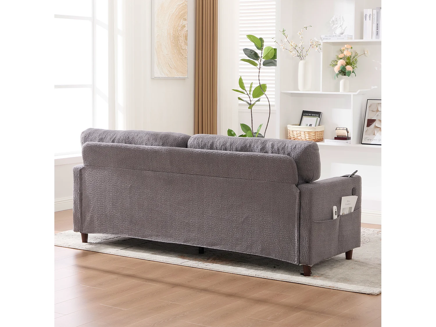 Sofá de 2 plazas con iluminación LED - Sofá recto con portavasos y bolsillos laterales - chenilla gris claro