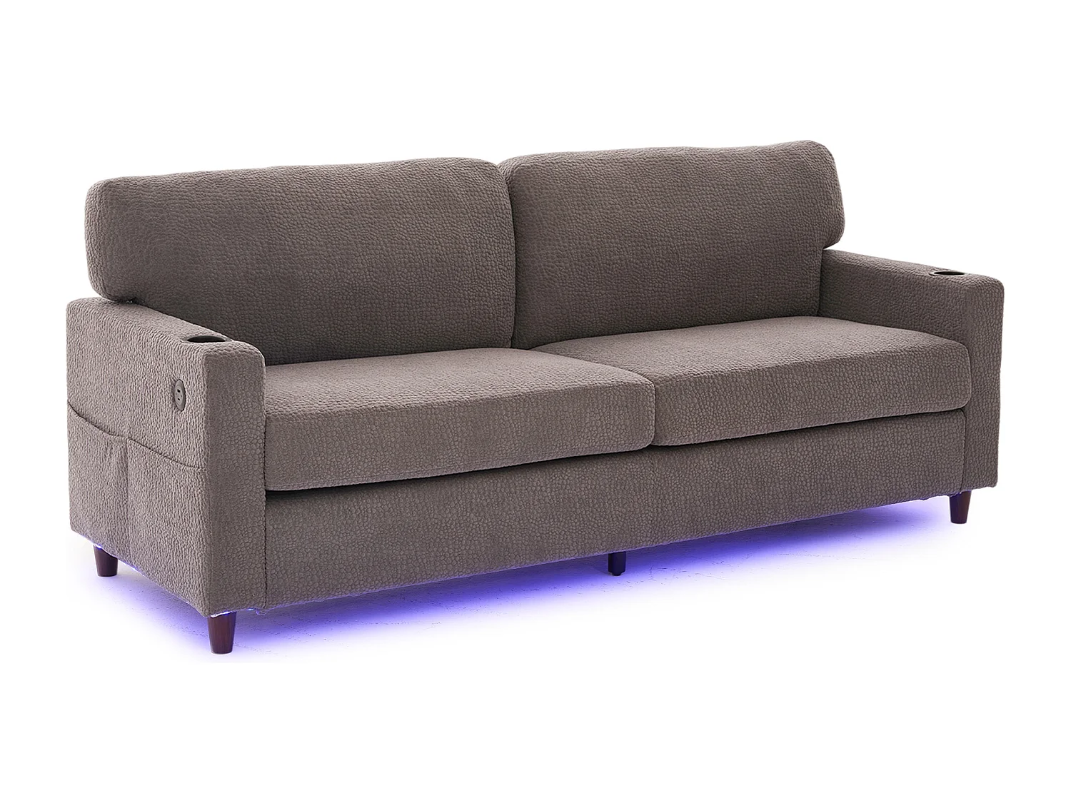 Sofá de 2 plazas con iluminación LED - Sofá recto con portavasos y bolsillos laterales - chenilla gris claro