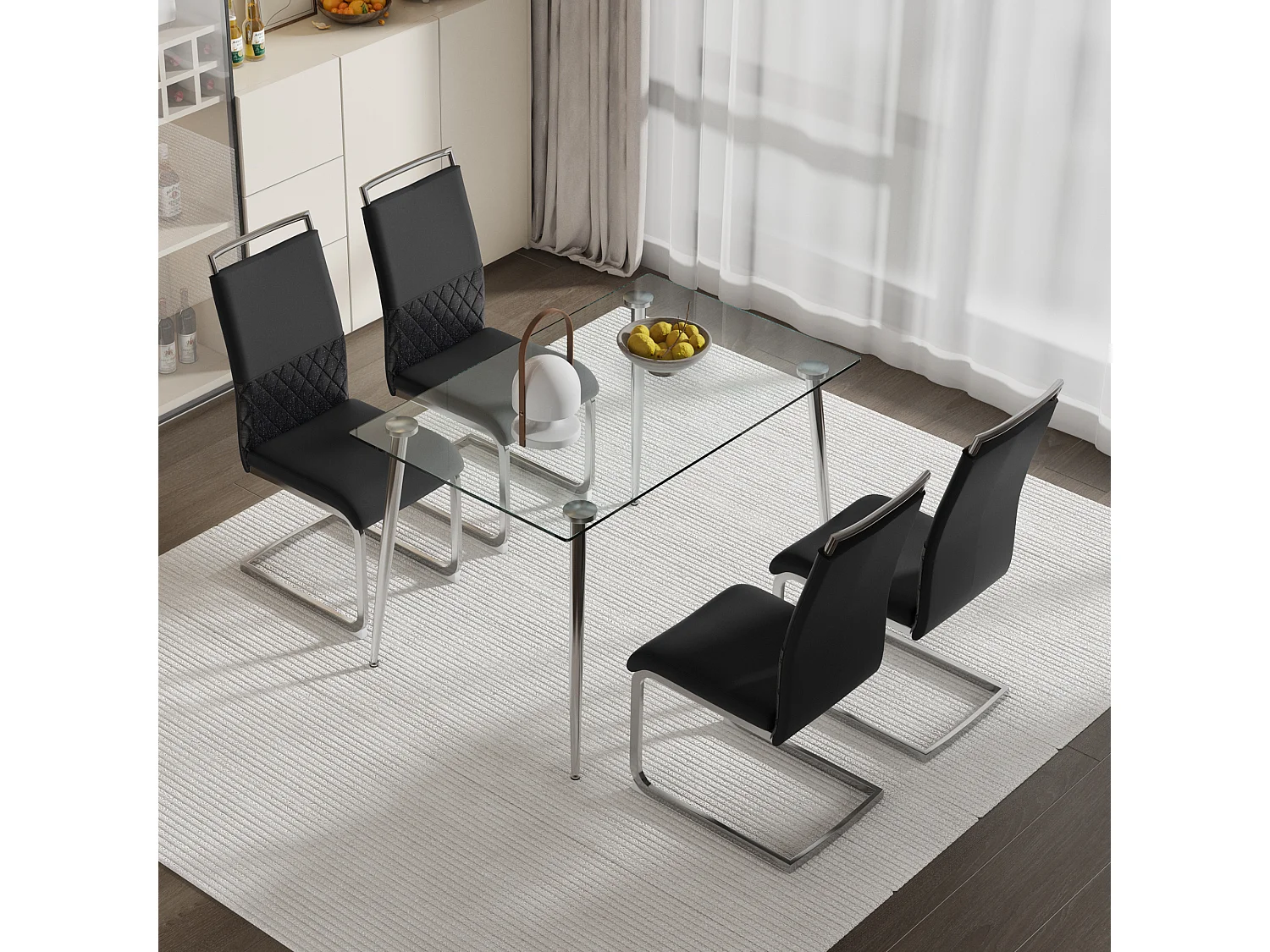 Lot de 4 chaises de salle à manger noir - dossier rayé et 4 repose-pieds - PU et lin