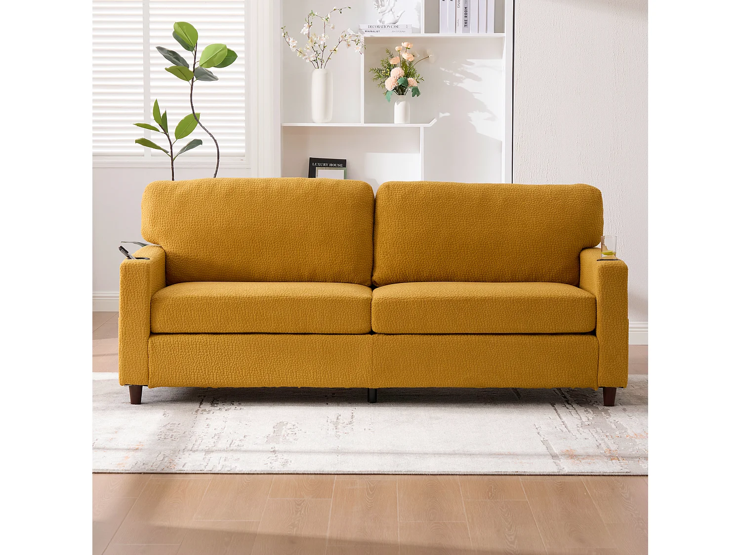 Canapé 2 places avec éclairage LED - Canapé droit avec porte-gobelet et poches latérales - chenille jaune