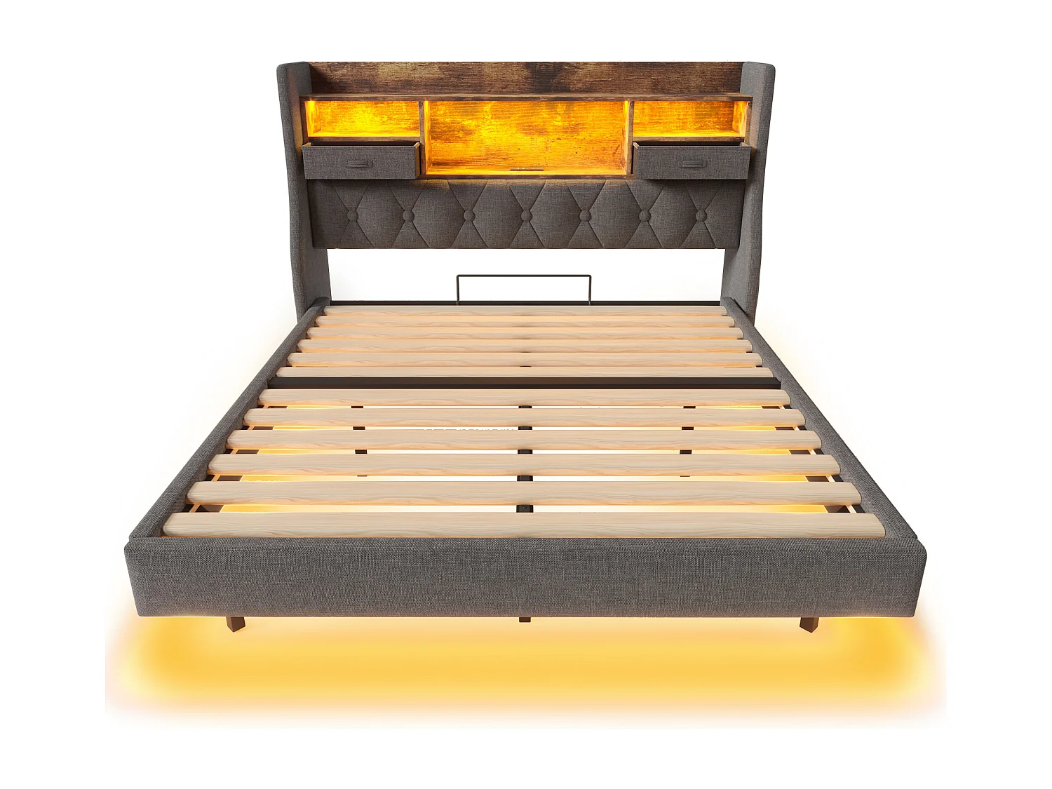 Lit adulte 160 x 200 cm - Lit double avec 2 poches latérales et 2 tiroirs - lin gris - matelas non inclus