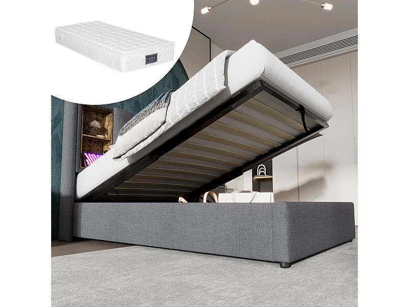 Łóżko dla dzieci 90x200 cm - z zagłówkiem i schowkiem, USB, typ C, stelaż - materiał - szare - materac wliczony w cenę