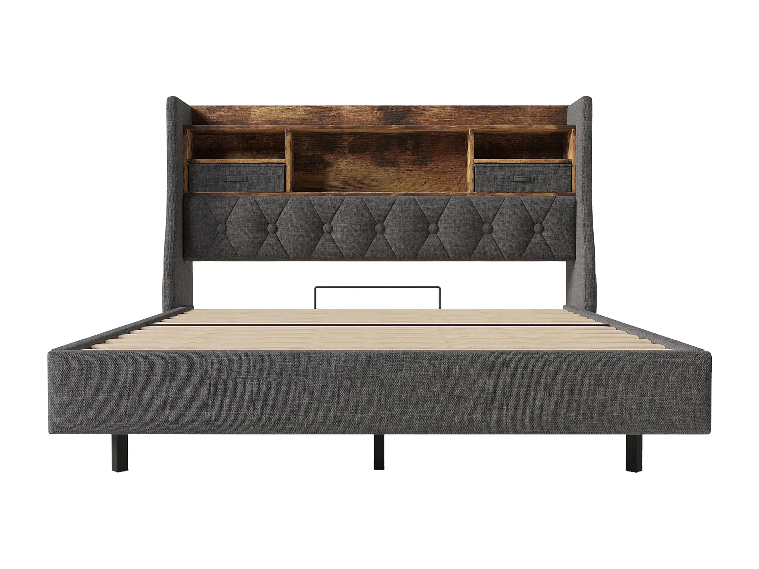 Volwassen bed 140 x 200 cm - Tweepersoonsbed met 2 zijvakken en 2 lades - grijs linnen - inclusief matras