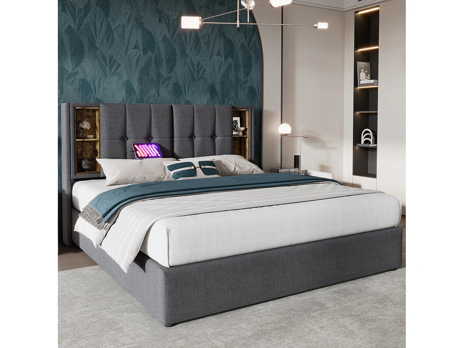 Bed met opbergruimte 160x200 cm - met hoofdbord met opbergruimte, USB, Type-C, lattenbodem - grijs - matras niet inbegrepen