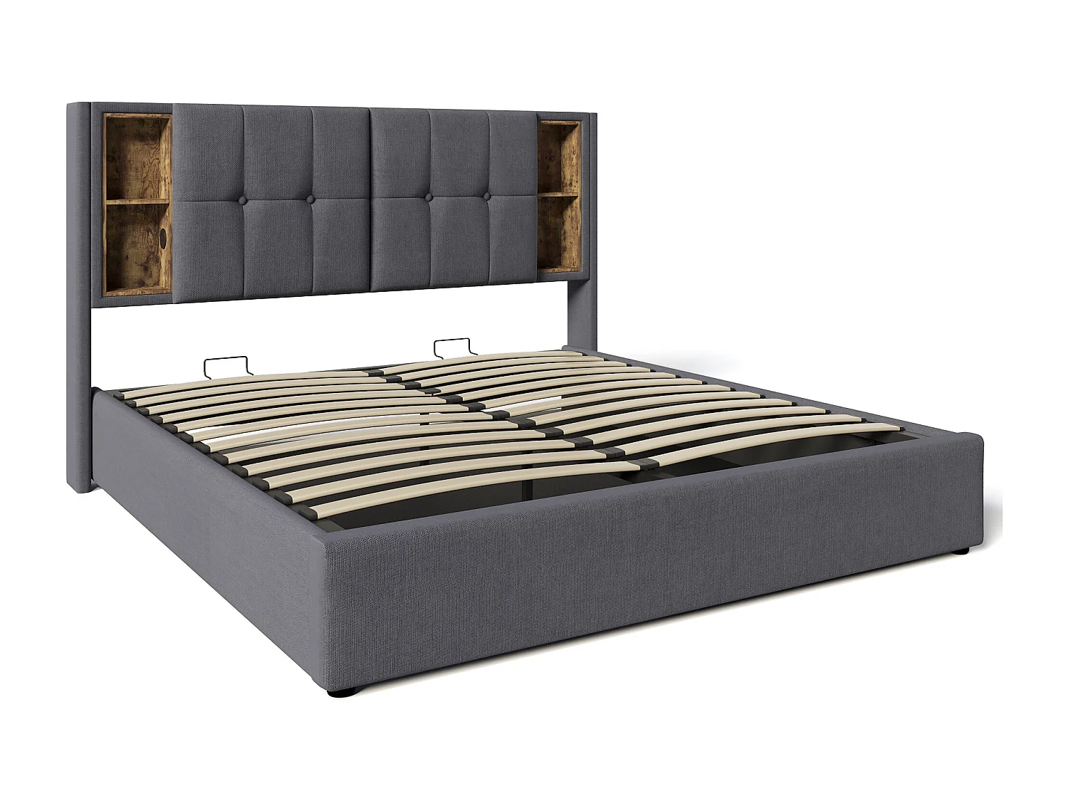 Bed met opbergruimte 160x200 cm - met hoofdbord met opbergruimte, USB, Type-C, lattenbodem - grijs - matras niet inbegrepen