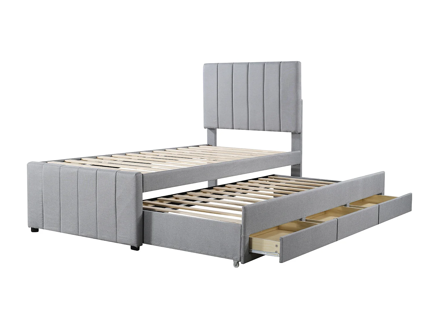 Cama nido de 90 x 200 cm - Con cabecero, cajones y somier - Tela - Gris - Colchón no incluido