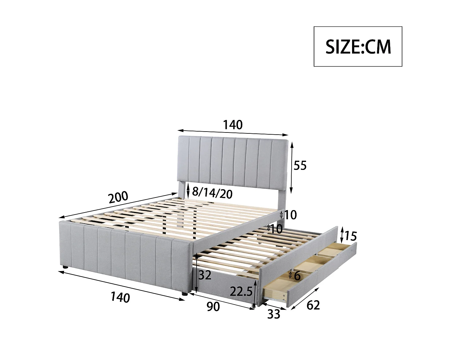 Cama nido de 140 x 200 cm - Con cabecero, 3 cajones y somier - Tela - gris - colchón no incluido