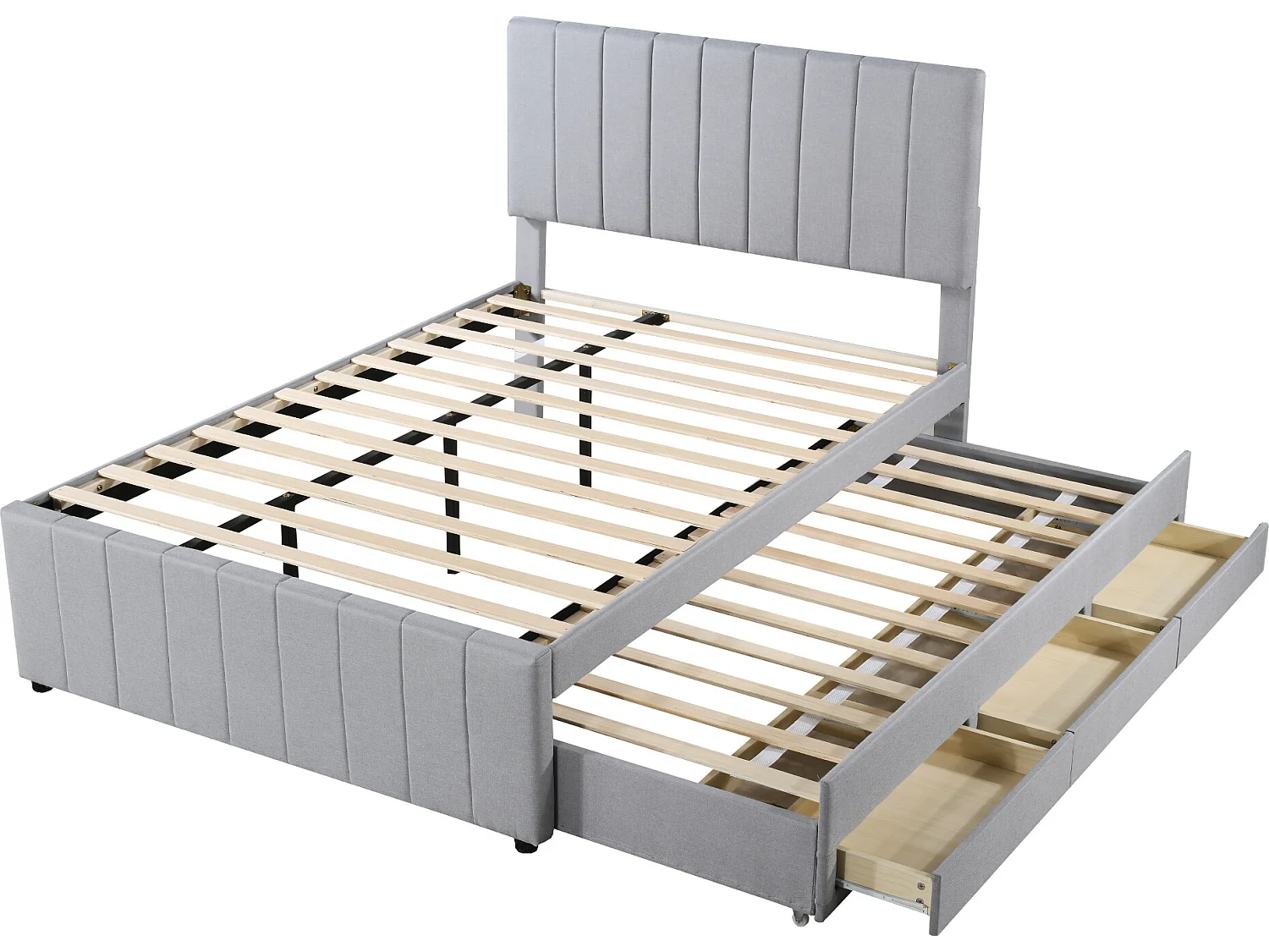 Cama nido de 140 x 200 cm - Con cabecero, 3 cajones y somier - Tela - gris - colchón no incluido