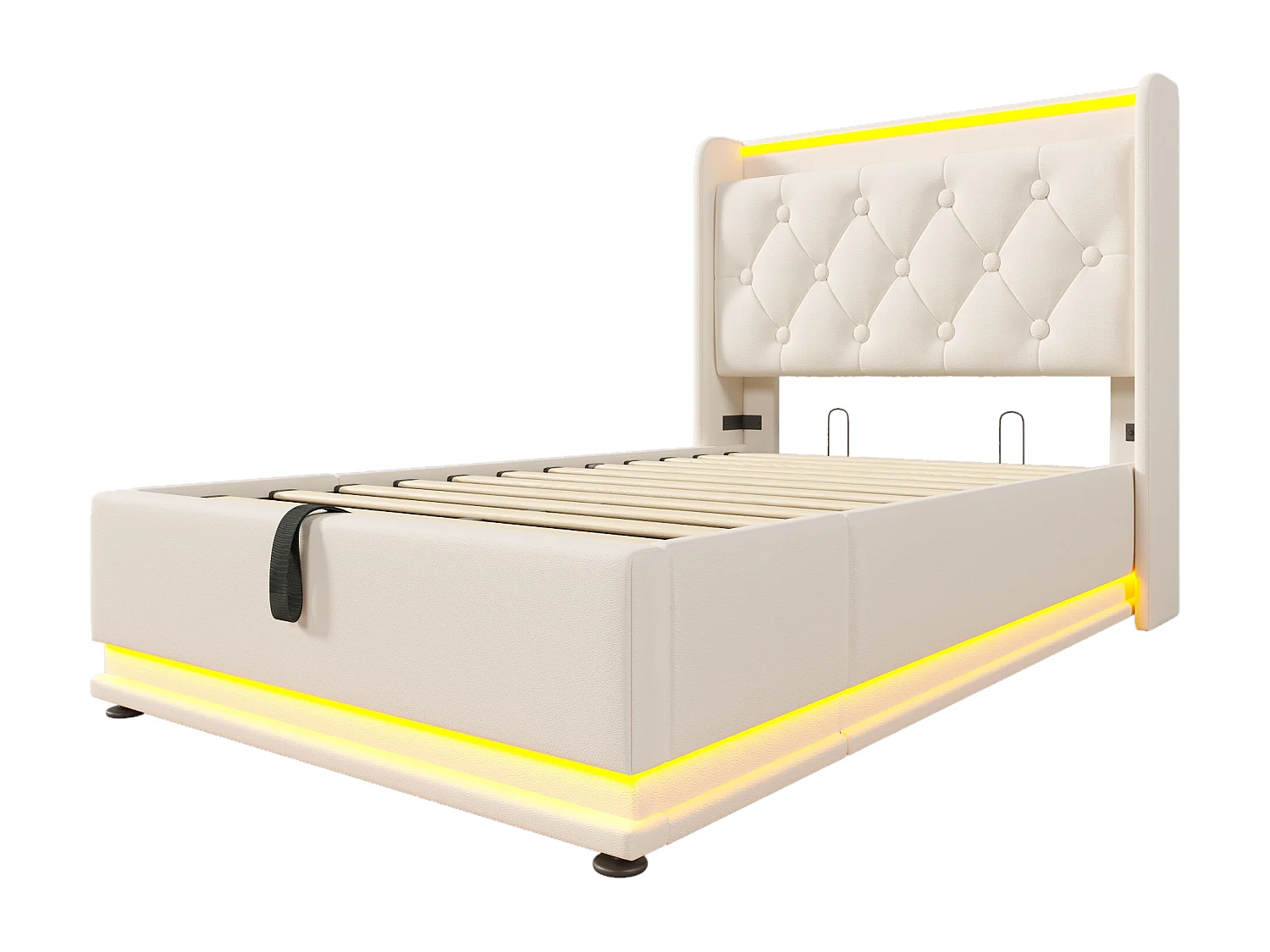 Lit coffre 90x200 cm - avec tête de lit avec rangement, LED, USB Type-C, sommier à lattes - blanc - matelas inclus