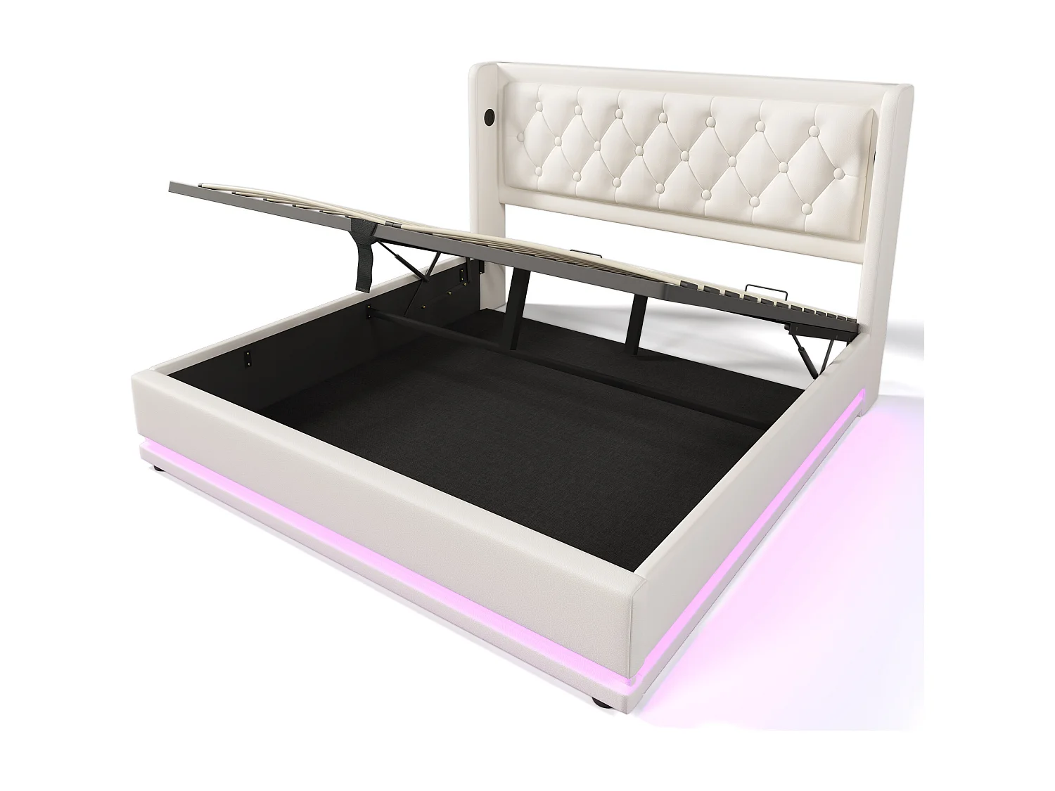 Bett mit Stauraum (160 x 200 cm) – mit Kopfteil, USB- und USB-C-Anschluss, LED-Beleuchtung, Lattenrost – weiß – inklusive Matratze