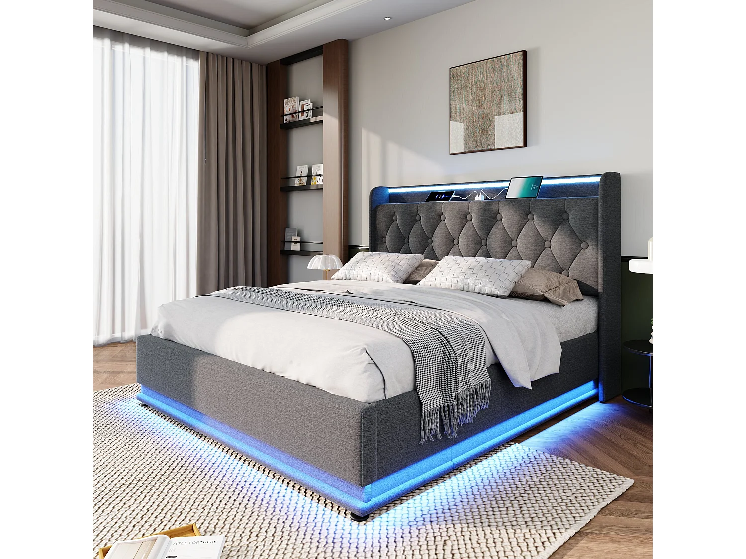 lit coffre 160x200 - avec tête de lit avec rangement, USB / Type-C, LED, étagères, lattes - lin gris - matelas inclus
