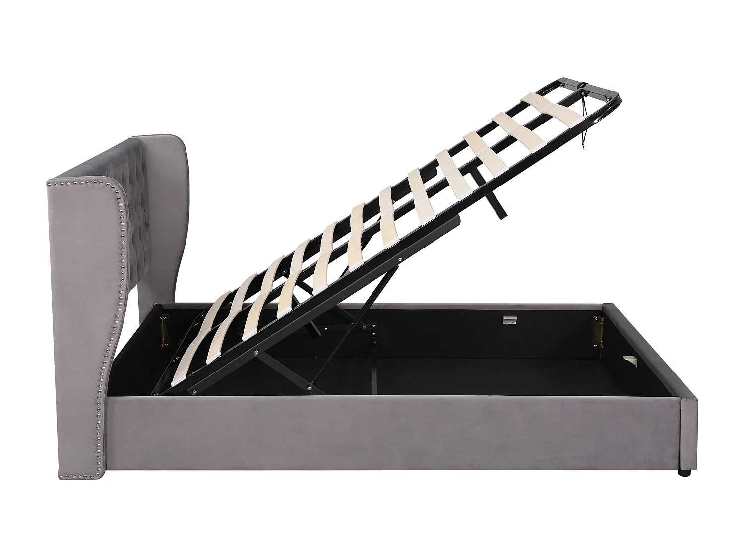 Cama con almacenaje 160 x 200 cm - Cabecero tapizado con tachuelas - Terciopelo gris - Colchón no incluido