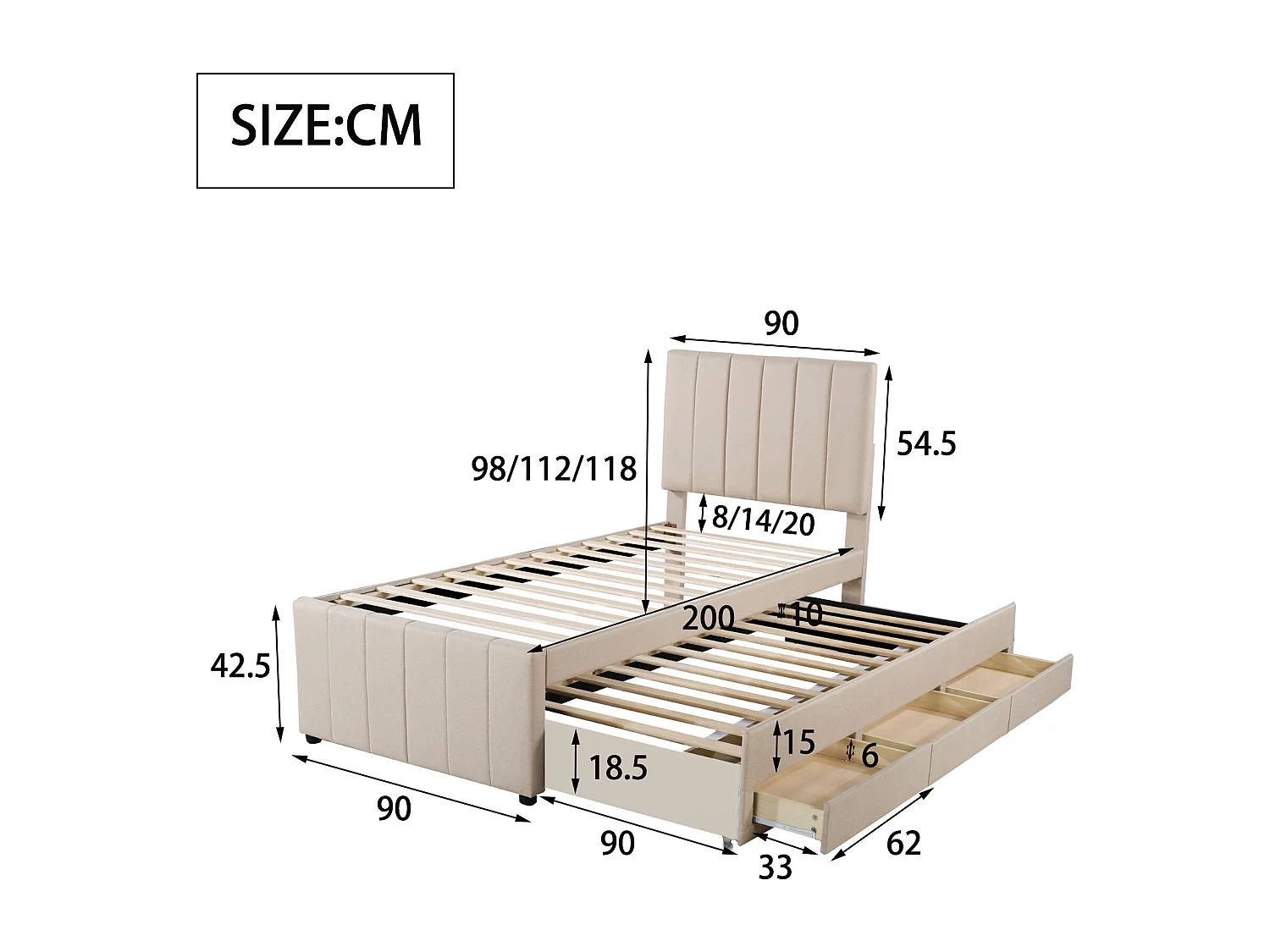 Cama infantil de 90 x 200 cm - Con cabecero, cajones y somier - Tela - Beige - Colchón no incluido