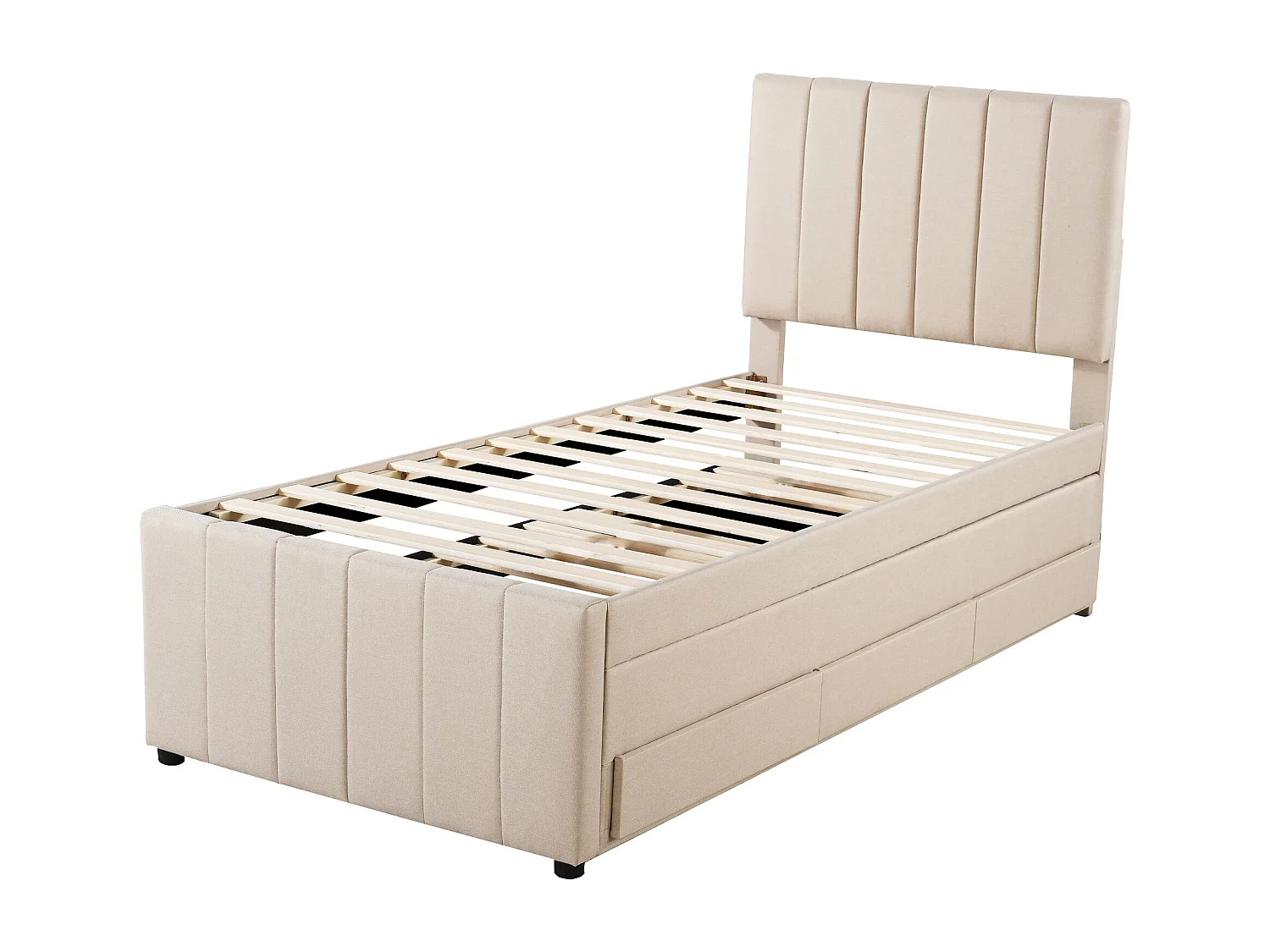 Cama infantil de 90 x 200 cm - Con cabecero, cajones y somier - Tela - Beige - Colchón no incluido