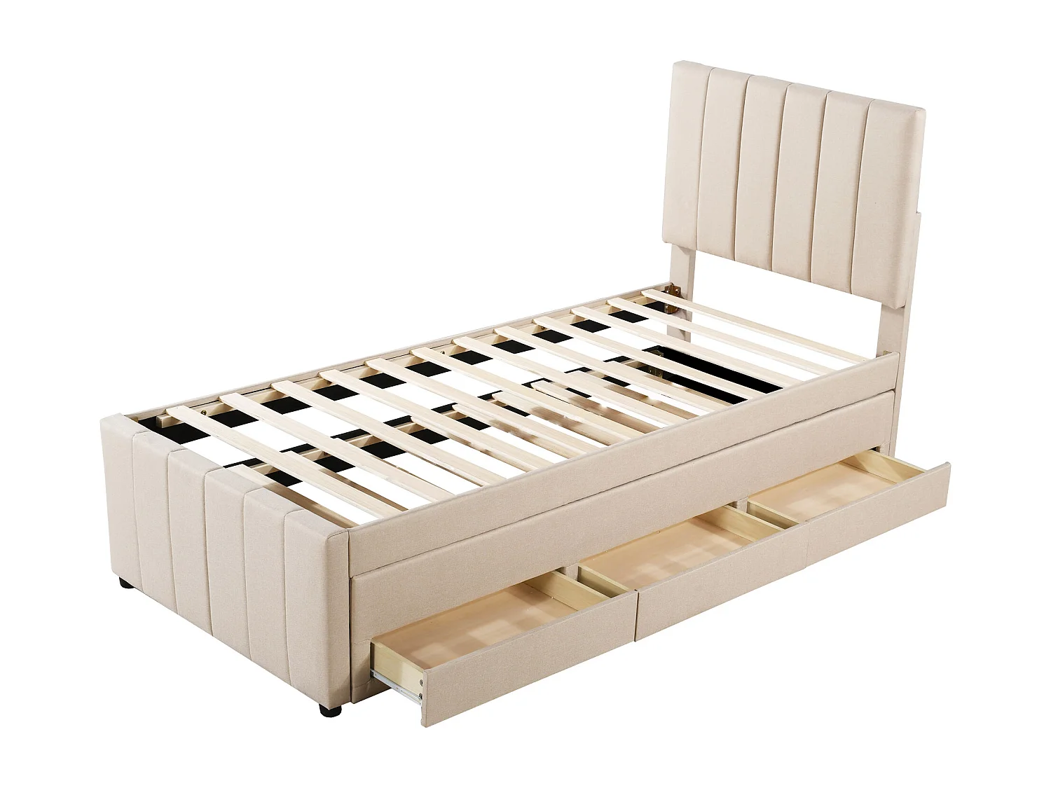 Cama infantil de 90 x 200 cm - Con cabecero, cajones y somier - Tela - Beige - Colchón no incluido