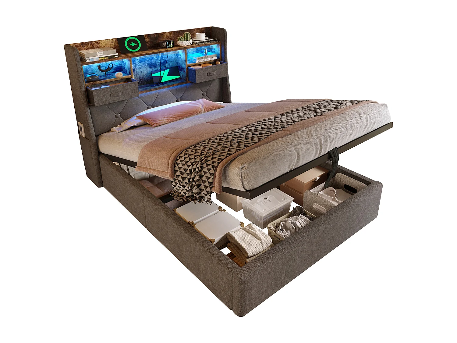 Letto contenitore 90 x 200 cm - Letto singolo con 2 tasche laterali e 2 cassetti - lino grigio - materasso incluso