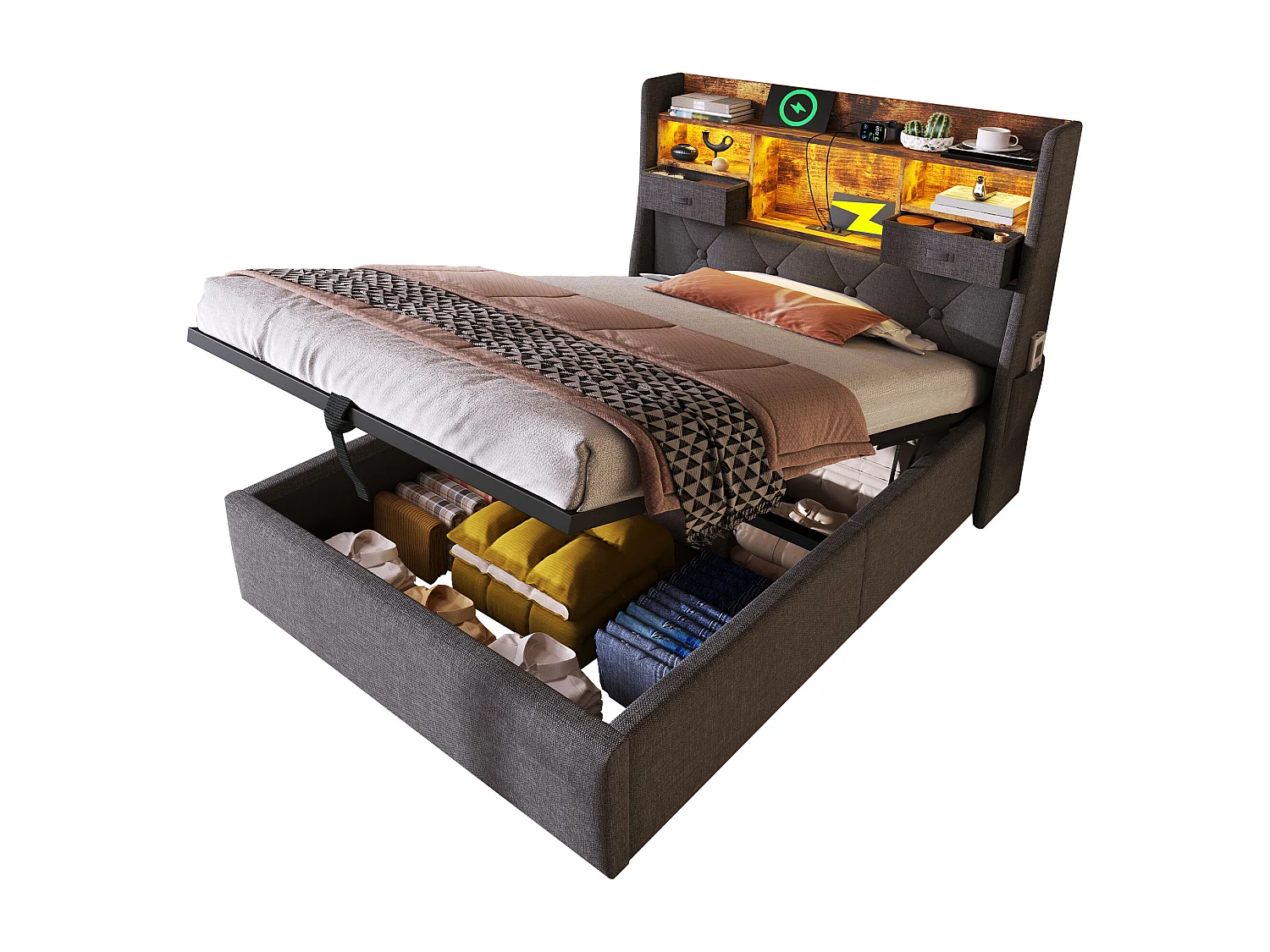 Letto contenitore 90 x 200 cm - Letto singolo con 2 tasche laterali e 2 cassetti - lino grigio - materasso incluso