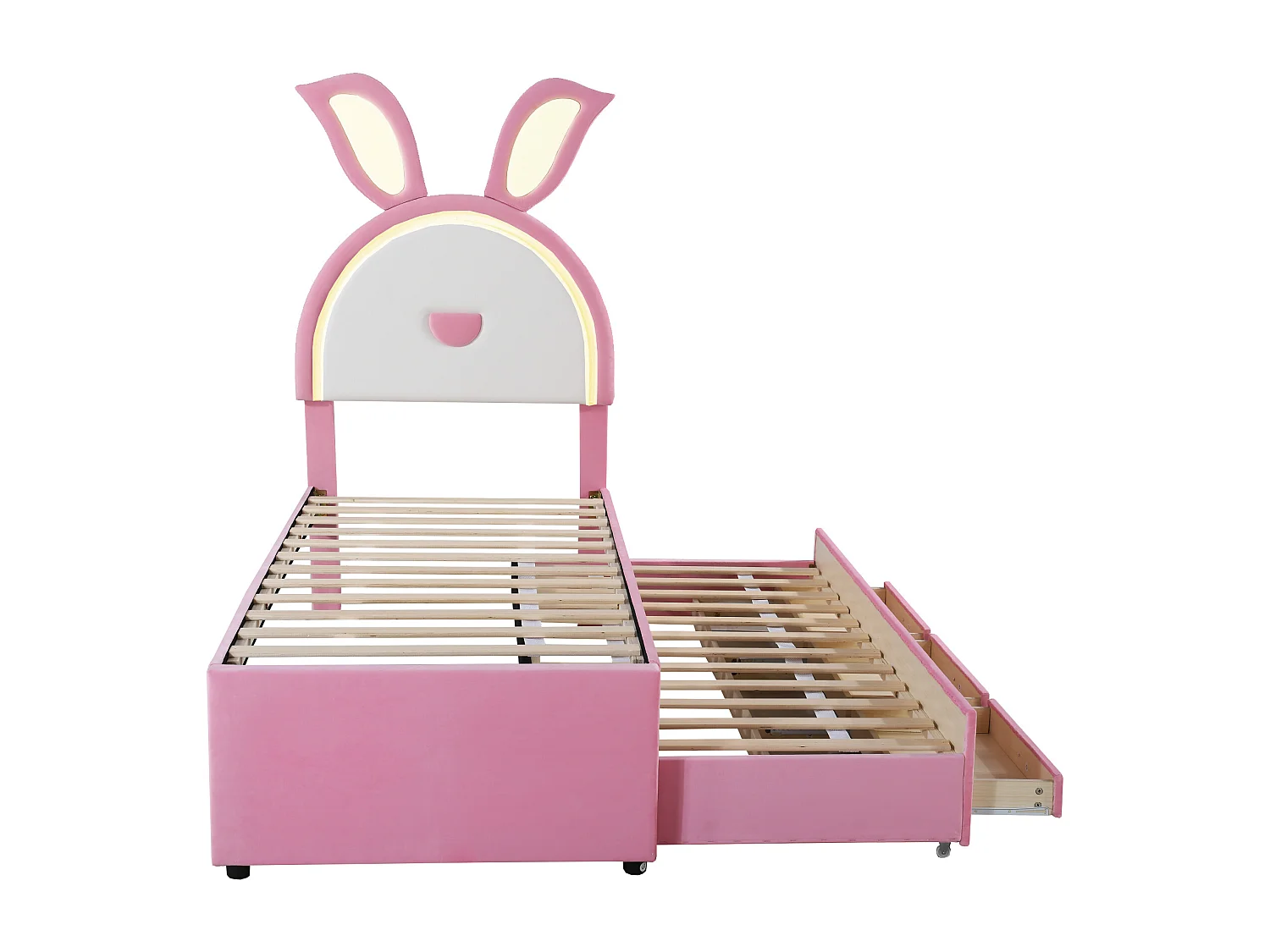 Lit gigogne 90x200 cm - Lit enfant avec 3 tiroirs et éclairage LED - velours rose - sans matelas