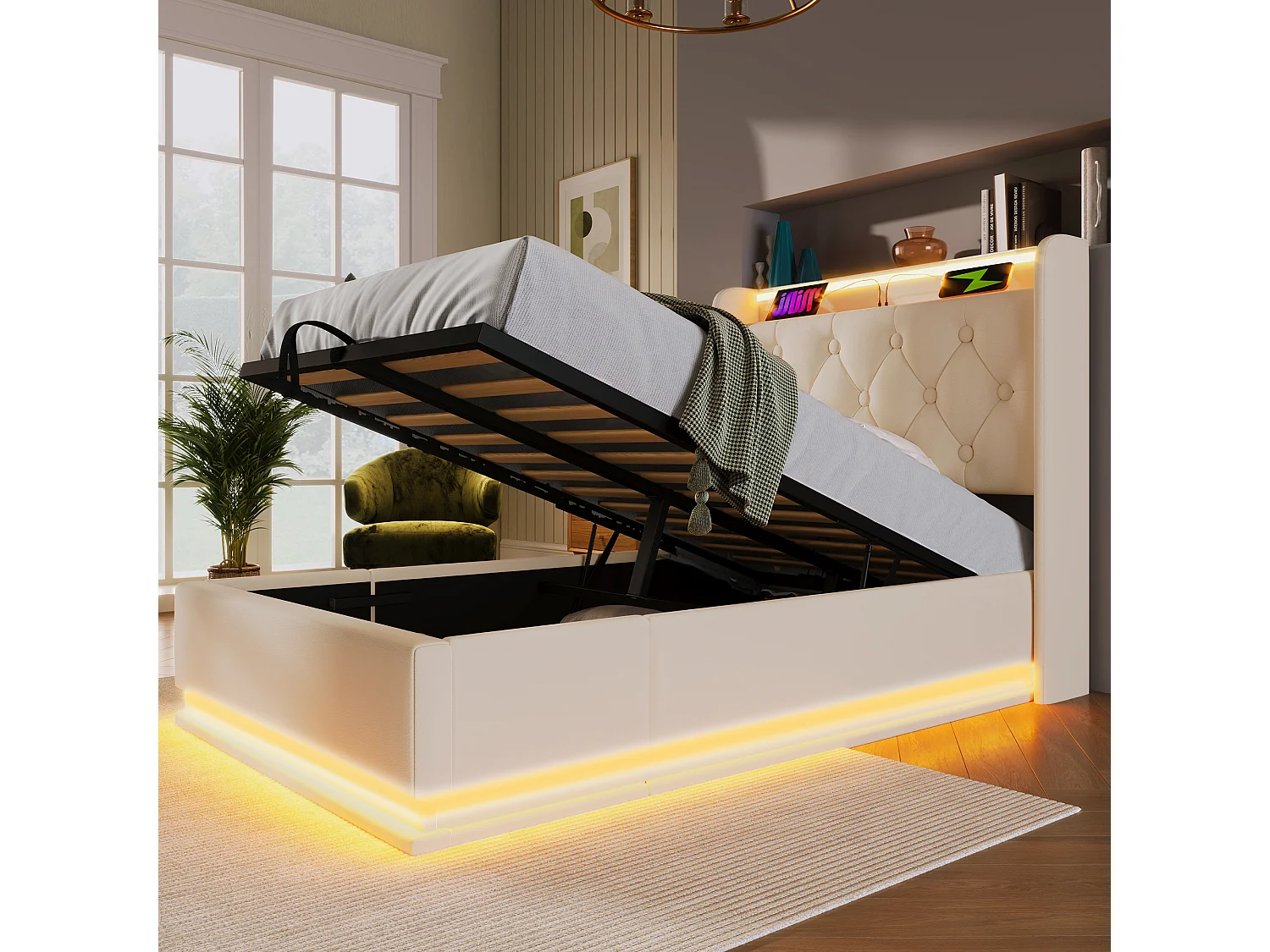 lit coffre 90x200 cm - avec tête de lit avec rangement, LED, USB/Type-C - cuir blanc - sans matelas