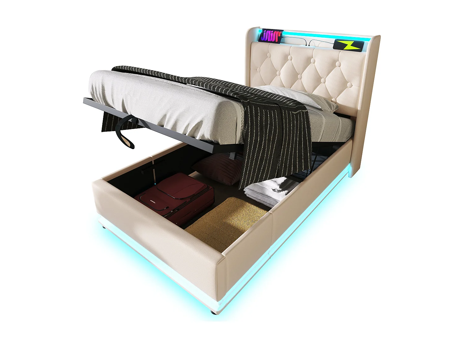 lit coffre 90x200 cm - avec tête de lit avec rangement, LED, USB/Type-C - cuir blanc - sans matelas
