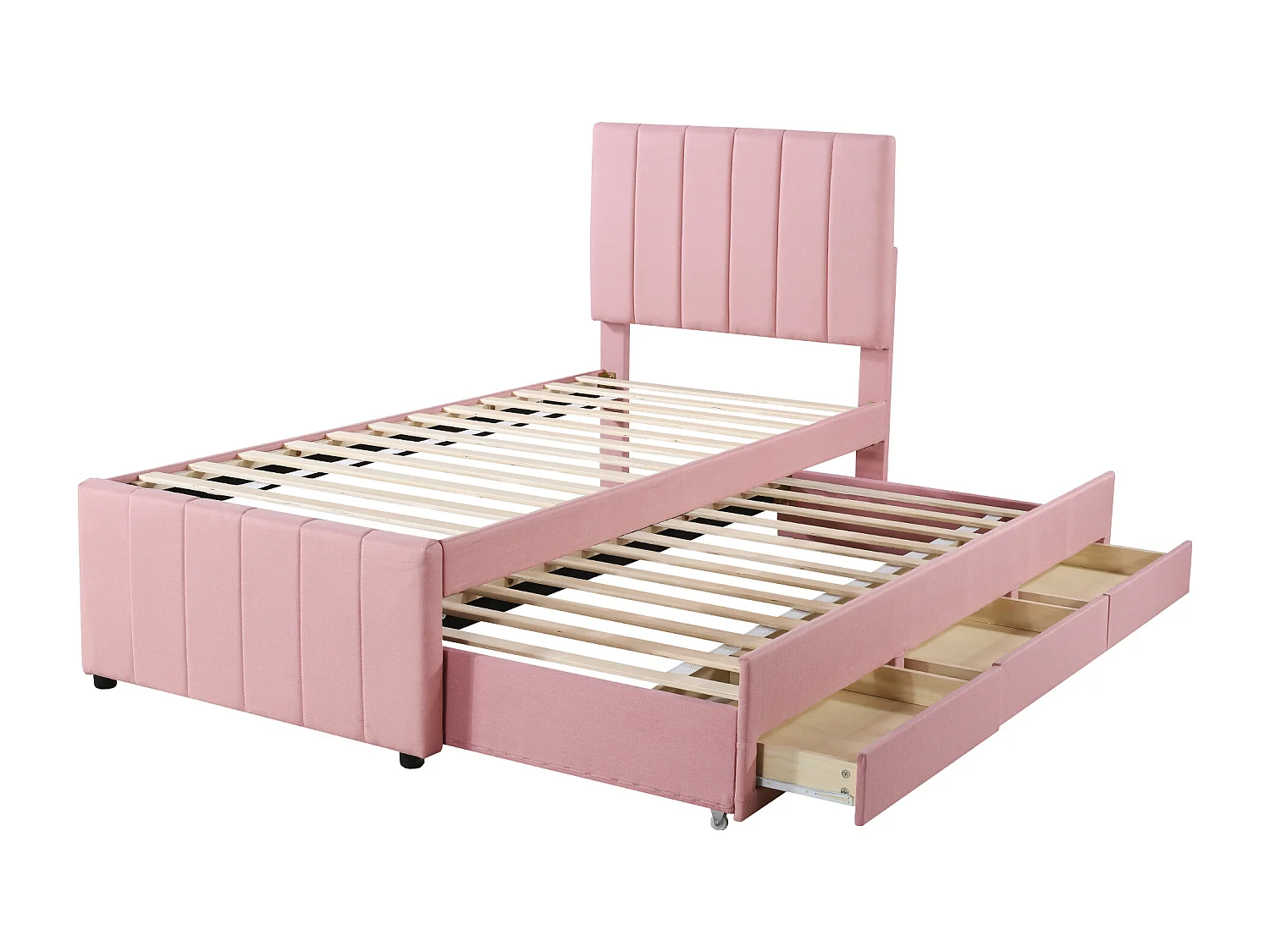 Lit gigogne 90x200 cm - avec tête de lit, 3 tiroirs, sommier à lattes - en tissu - rose - sans matelas