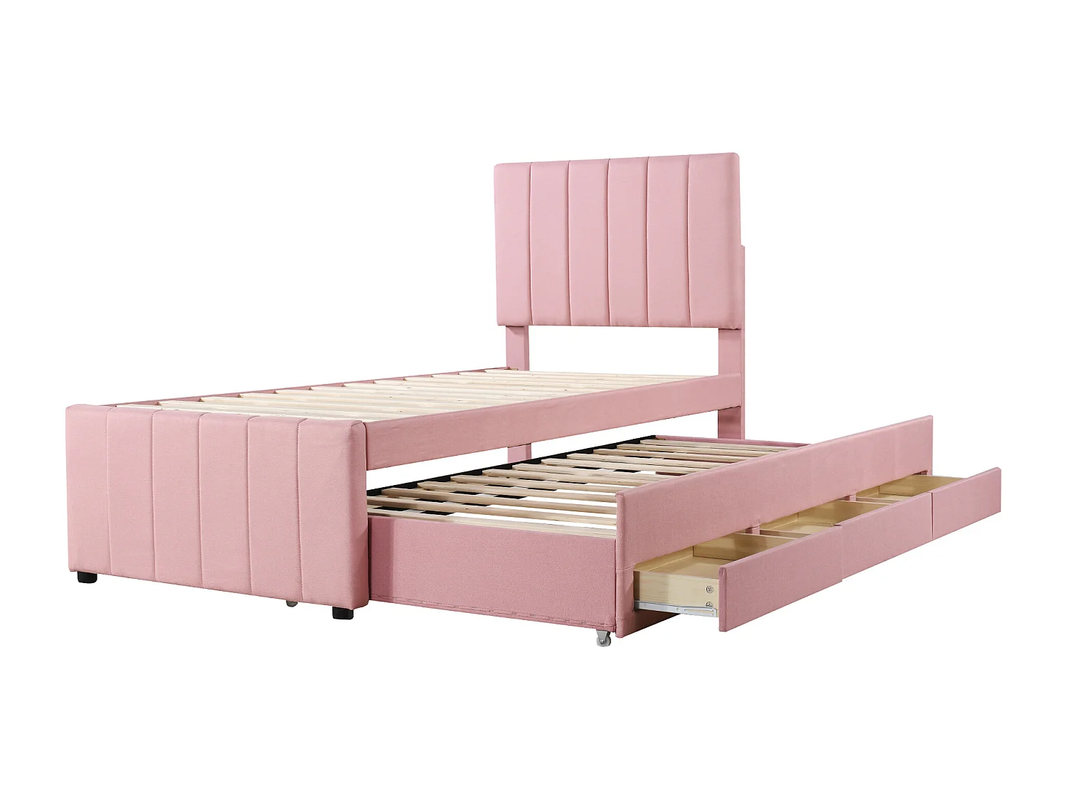 Lit gigogne 90x200 cm - avec tête de lit, 3 tiroirs, sommier à lattes - en tissu - rose - sans matelas