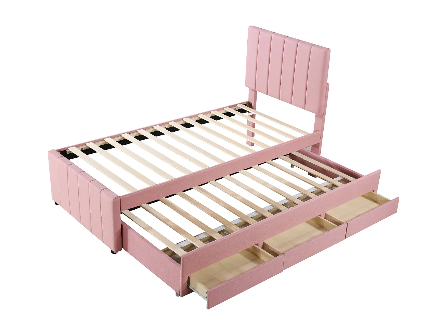 Lit gigogne 90x200 cm - avec tête de lit, 3 tiroirs, sommier à lattes - en tissu - rose - sans matelas