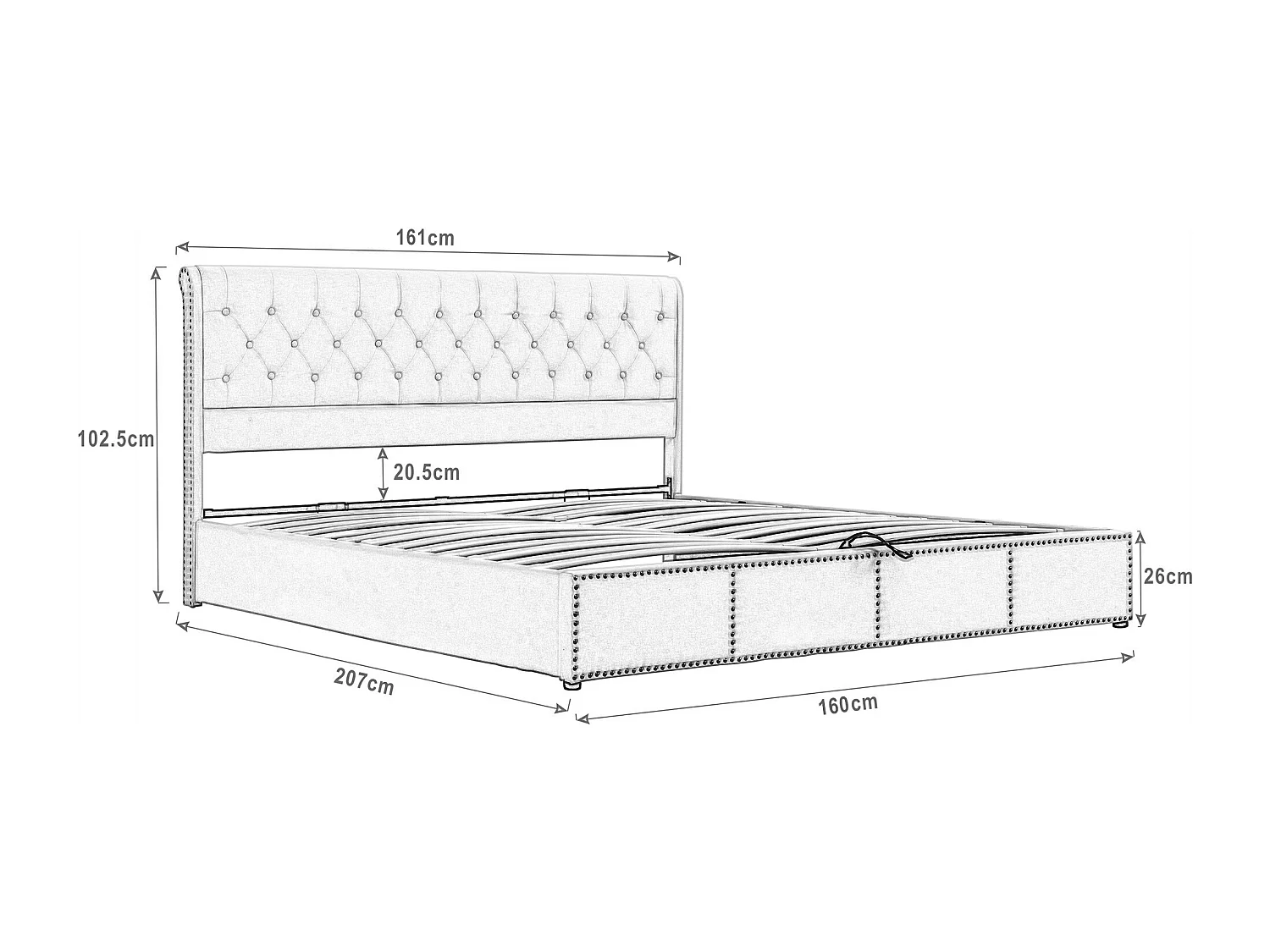 Bed met opbergruimte 160 x 200 cm - Gestoffeerd hoofdbord met studs - Grijs fluweel - Matras niet inbegrepen