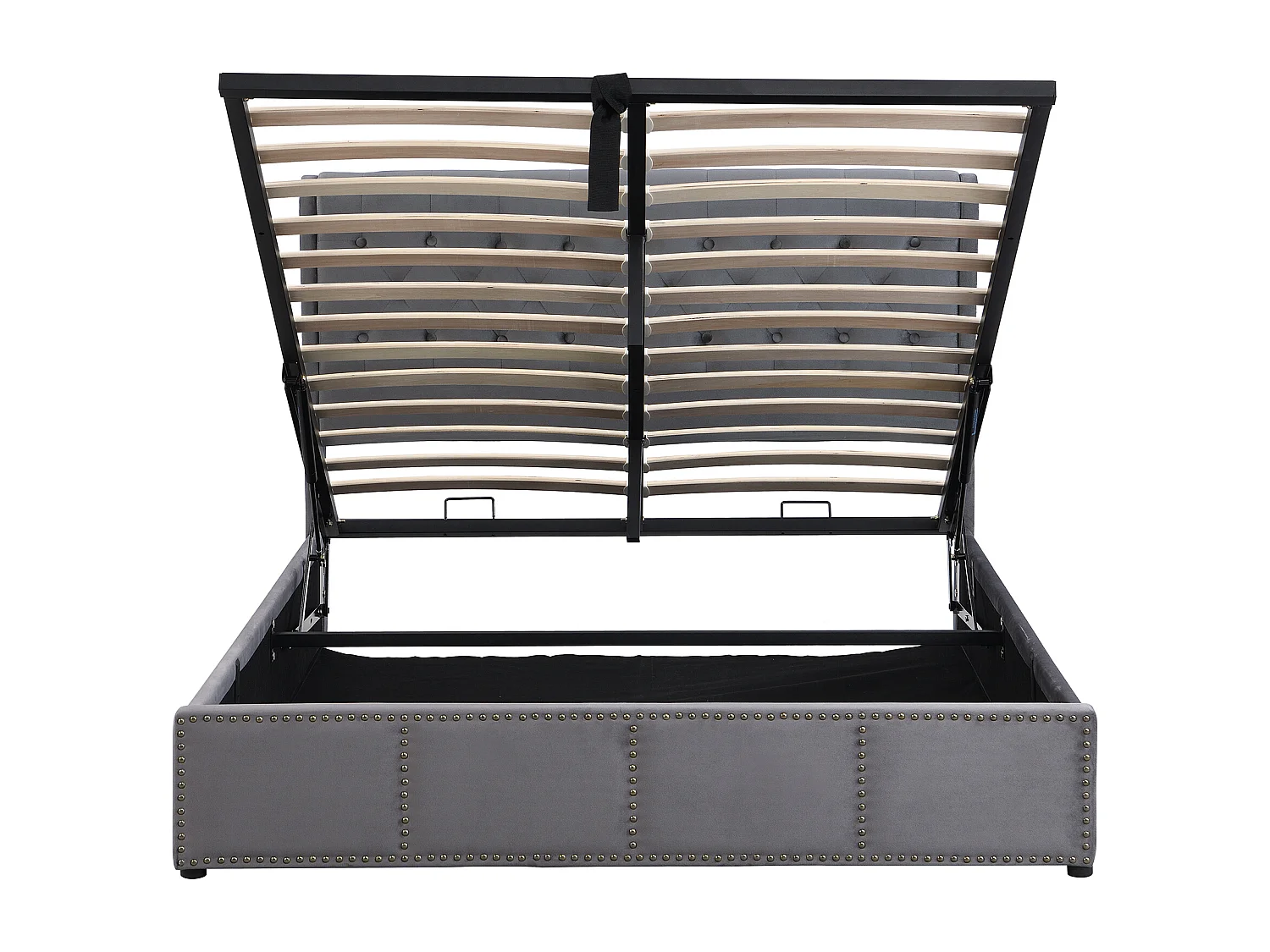 Bed met opbergruimte 160 x 200 cm - Gestoffeerd hoofdbord met studs - Grijs fluweel - Matras niet inbegrepen