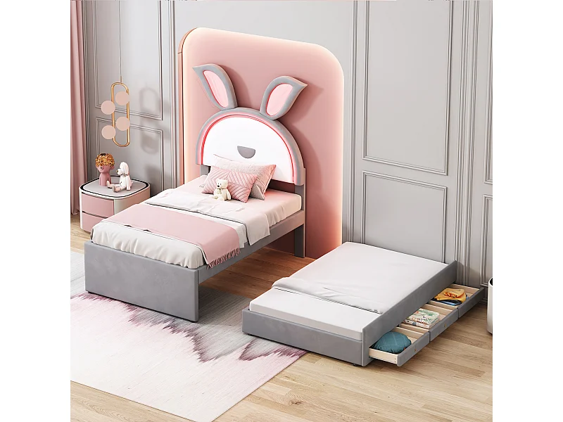 Cama auxiliar 90x200 cm - Cama de criança com gavetas, iluminação LED, estrado de ripas - veludo cinzento - colchão não incluído