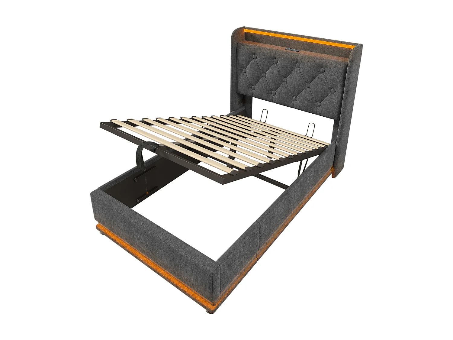 Letto contenitore 90x200 cm - con illuminazione a LED, testiera, USB/Type-C, ripiani, rete a doghe - lino grigio - materasso incluso