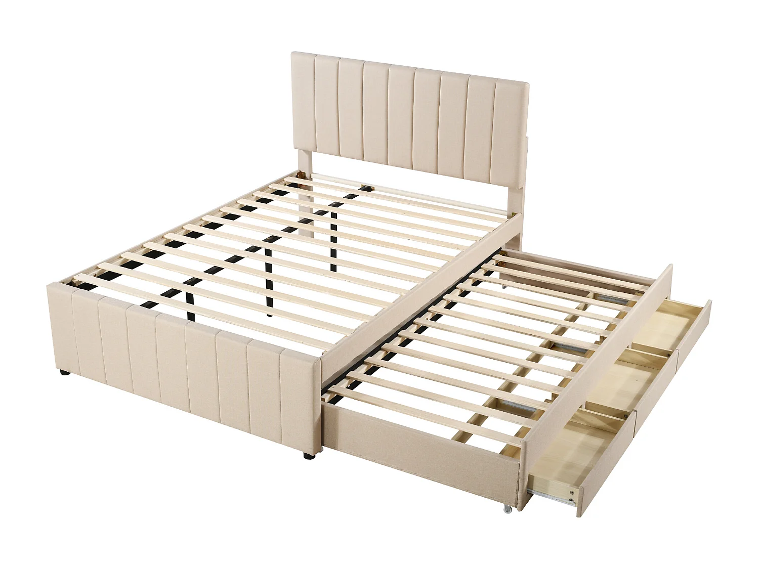 Cama nido de 140 x 200 cm - Con cabecero, cajones y somier - Lino - Beige - Colchón no incluido