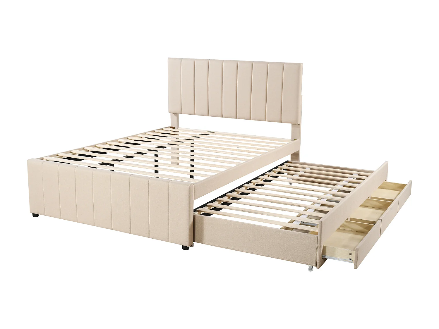 Cama nido de 140 x 200 cm - Con cabecero, cajones y somier - Lino - Beige - Colchón no incluido