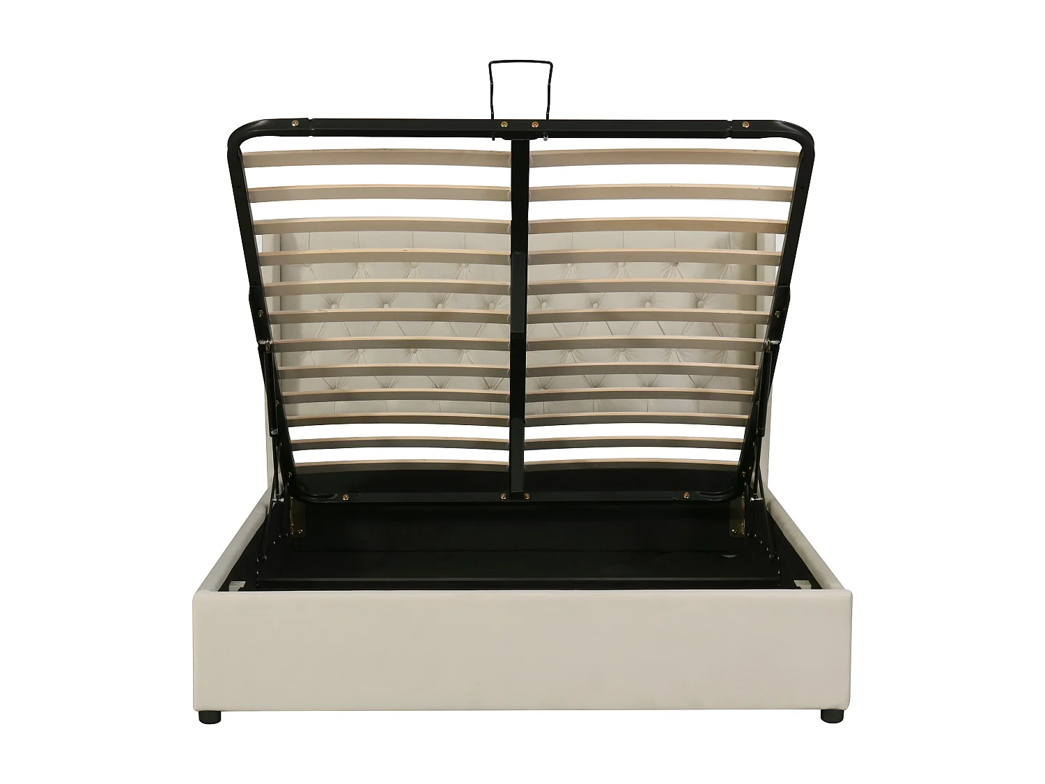 Lit coffre 140 x 190 cm - Tête de lit capitonnée cloutée - Velours beige - Matelas non inclus