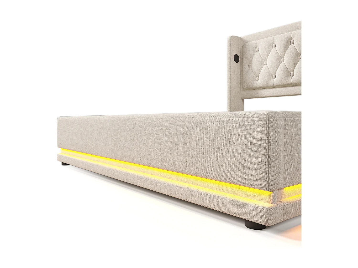 Cama con almacenaje de 160 x 200 cm - con cabecero, USB/Tipo C, iluminación LED en 3 lados, láminas elásticas - beige - colchón incluido