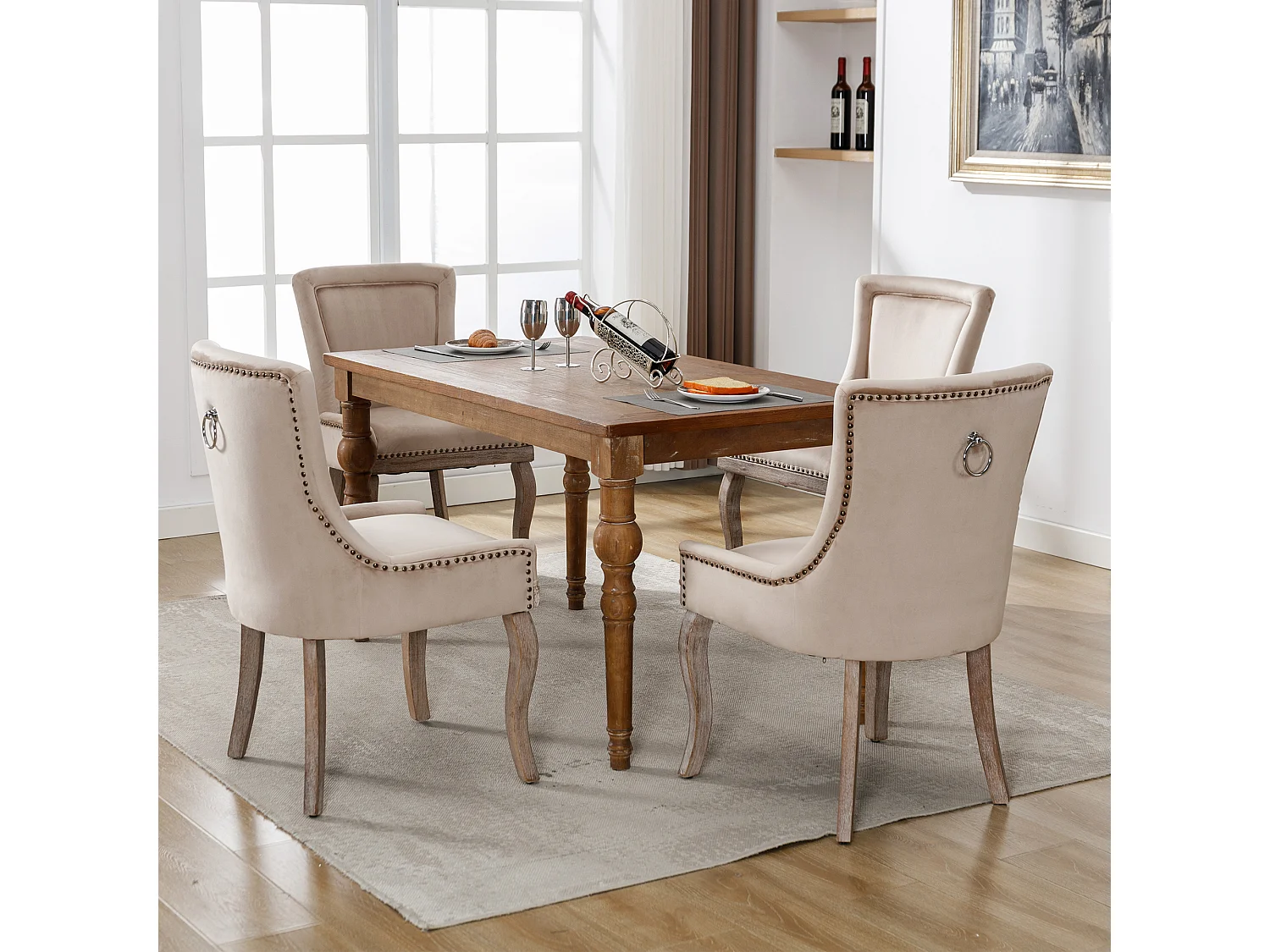 Juego de 4 sillas de comedor - asientos tapizados adornados con tachuelas decorativas y patas de madera maciza - terciopelo beige