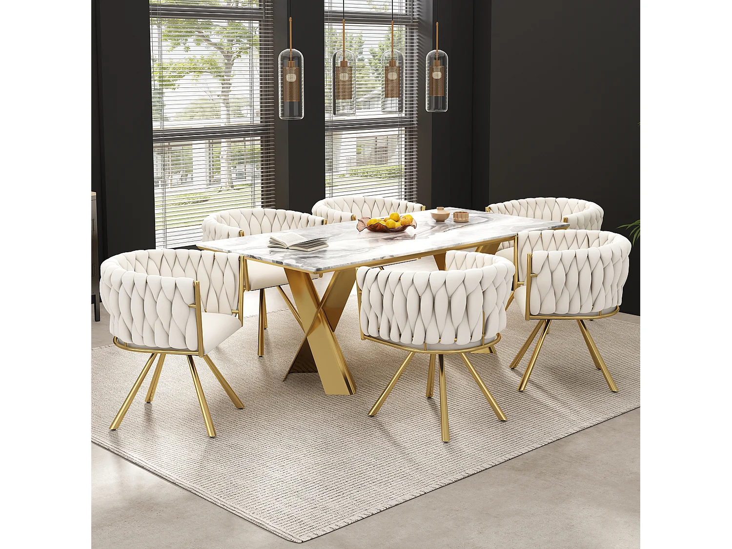 Set van 2 fluwelen eetkamerstoelen, 360° draaibaar op metalen onderstel – beige en goud