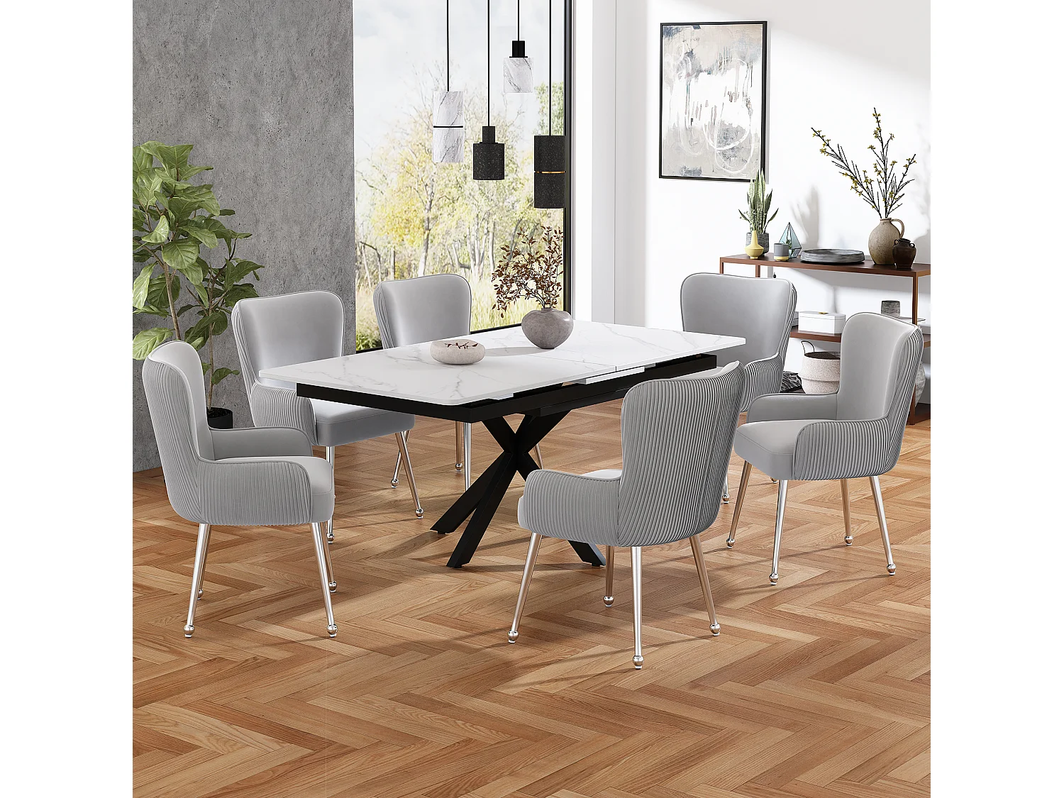 Lot de 4 chaises en velours avec accoudoirs et soutien lombaire, pieds métalliques réglables – gris et argenté