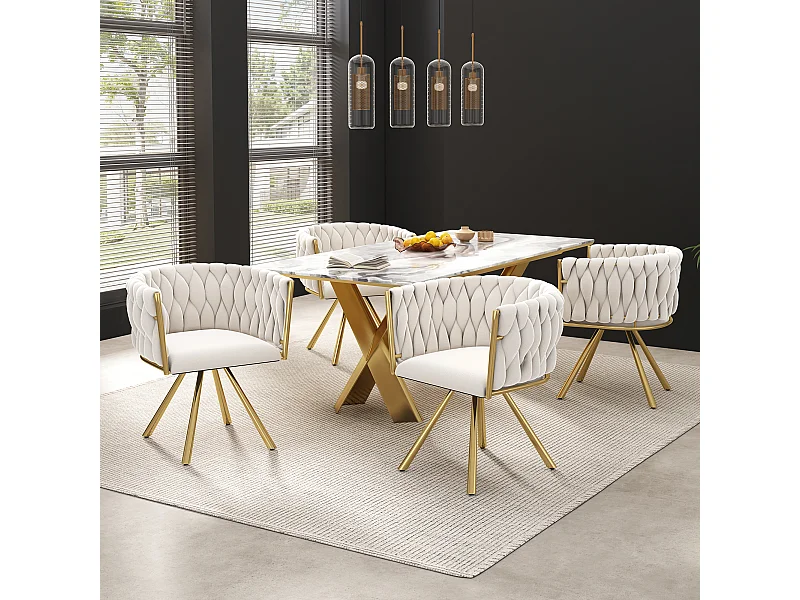 Set van 4 fluwelen stoelen met metalen onderstel – beige en goud
