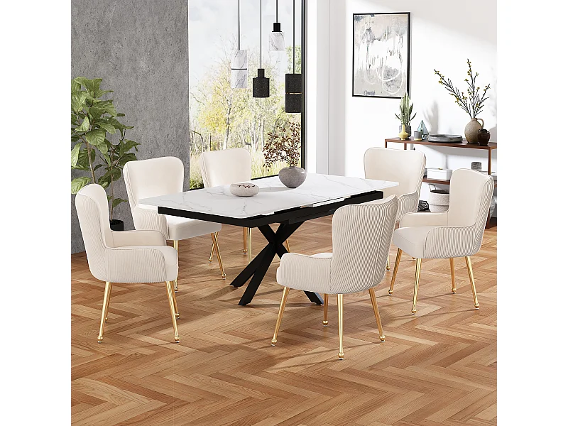 Zestaw 6 welurowych krzeseł z podłokietnikami i złotymi metalowymi nogami – beżowo-złoty