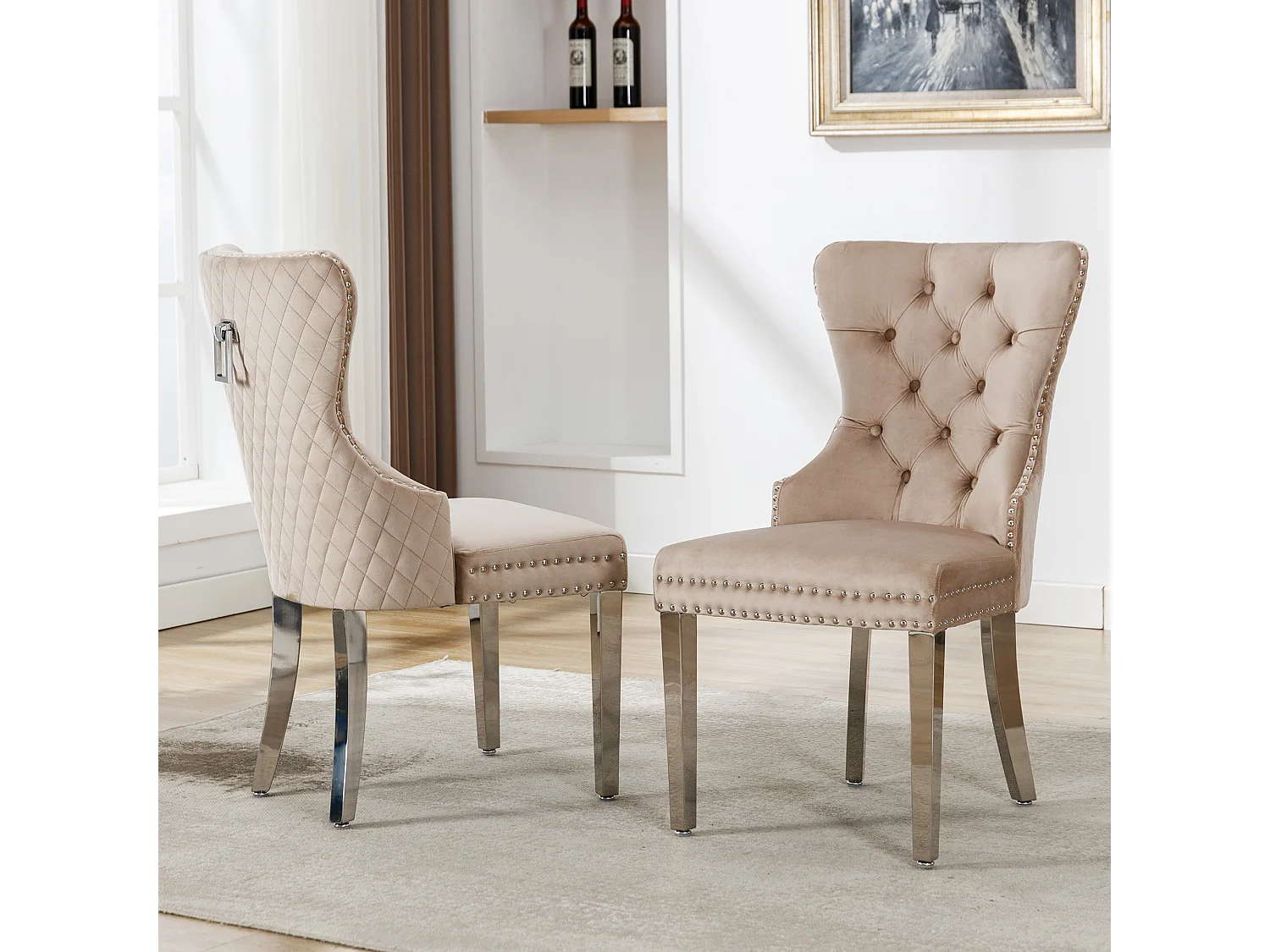 Juego de 2 sillas de comedor - anillas originales en el respaldo - terciopelo beige