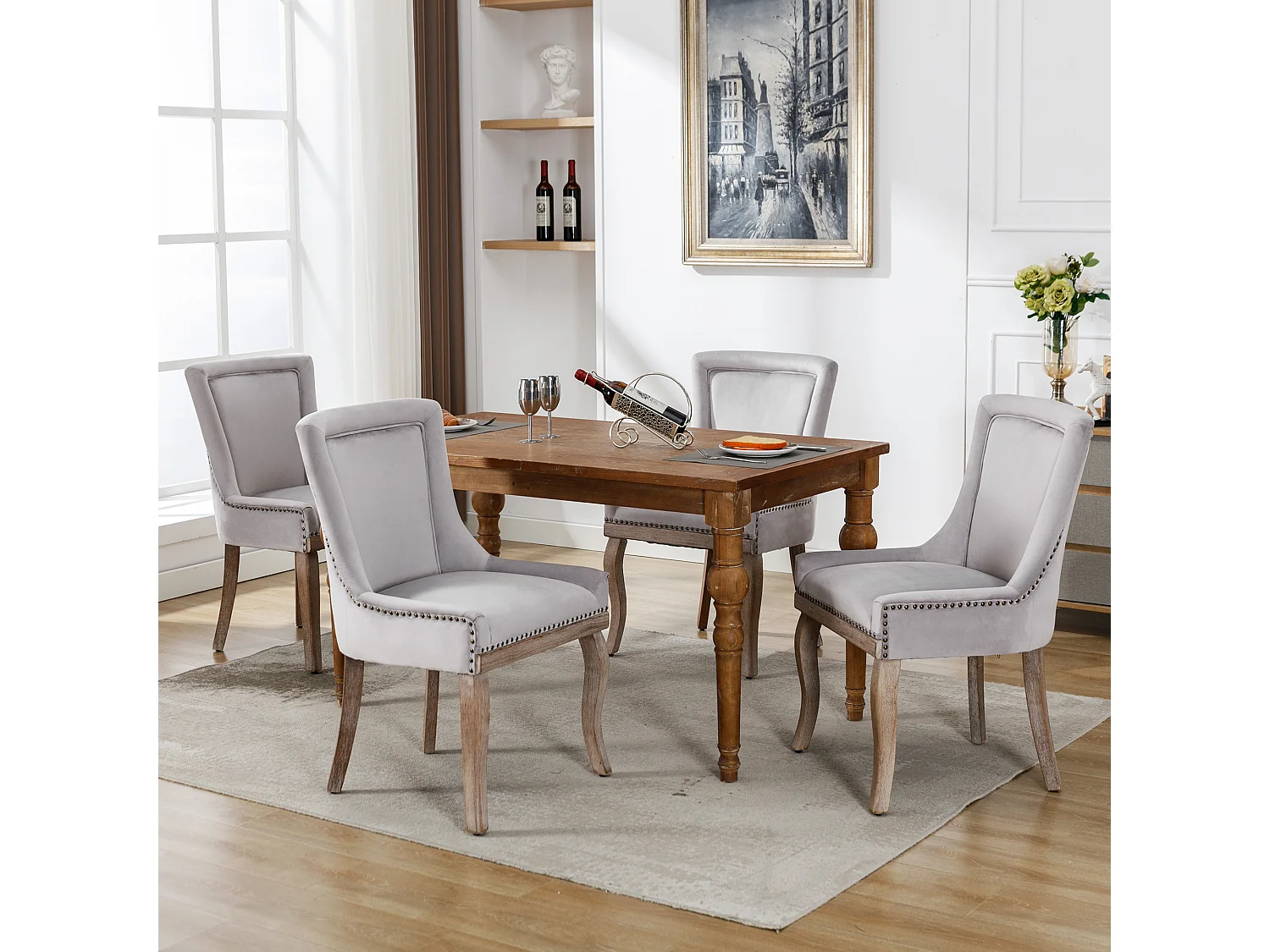 Set van 4 eetkamerstoelen - gestoffeerde zittingen versierd met decoratieve studs en massief houten poten - grijs fluweel