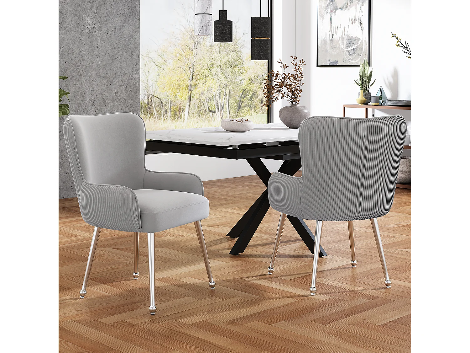 Lot de 6 chaises en velours avec pieds métalliques et accoudoirs – gris/argent