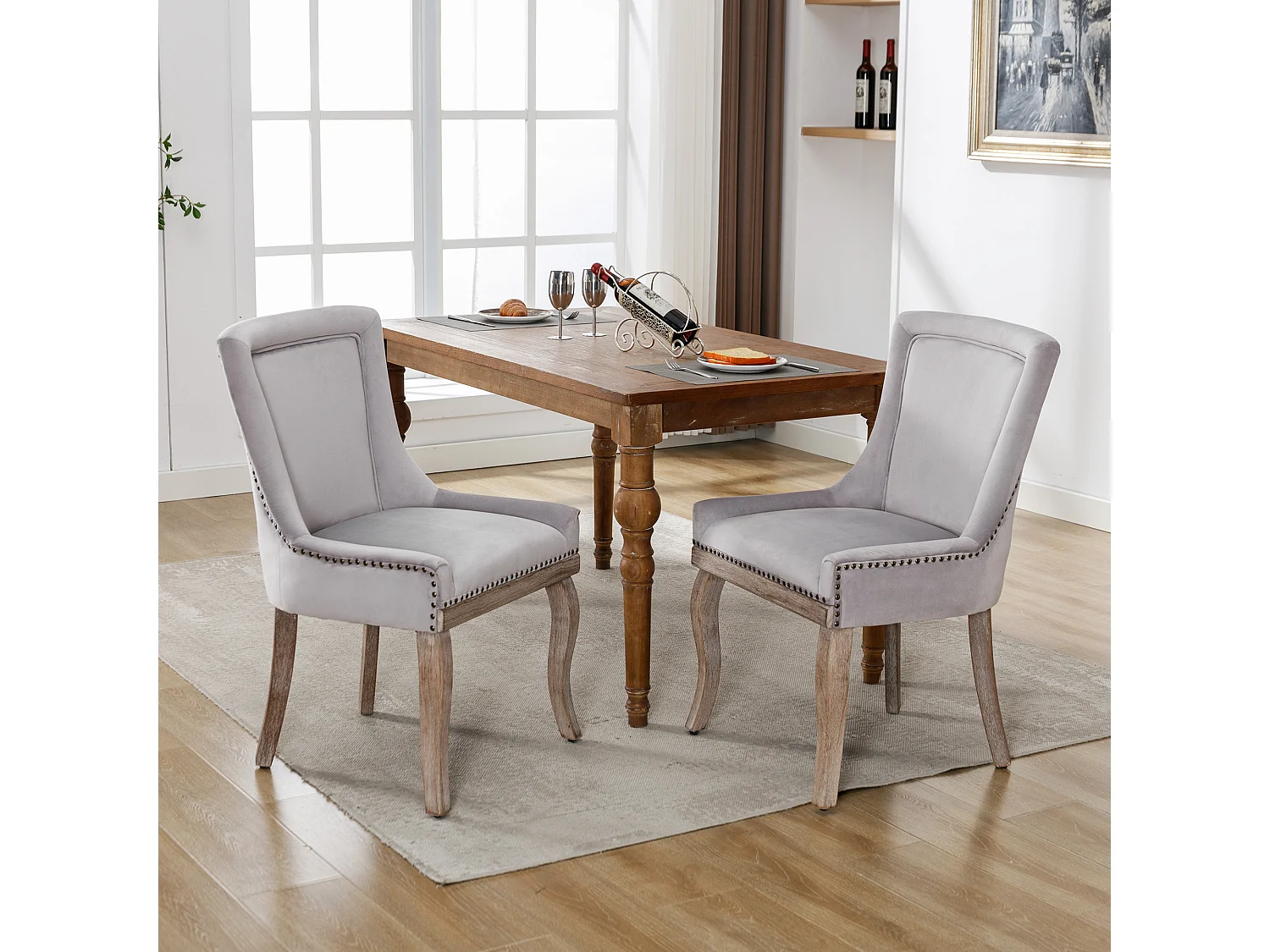 Set van 2 eetkamerstoelen - gestoffeerde zittingen versierd met decoratieve studs en massief houten poten - grijs fluweel