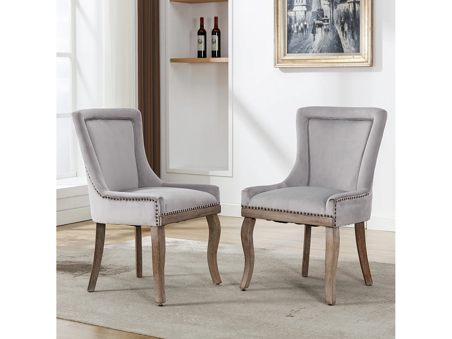 Set van 2 eetkamerstoelen - gestoffeerde zittingen versierd met decoratieve studs en massief houten poten - grijs fluweel