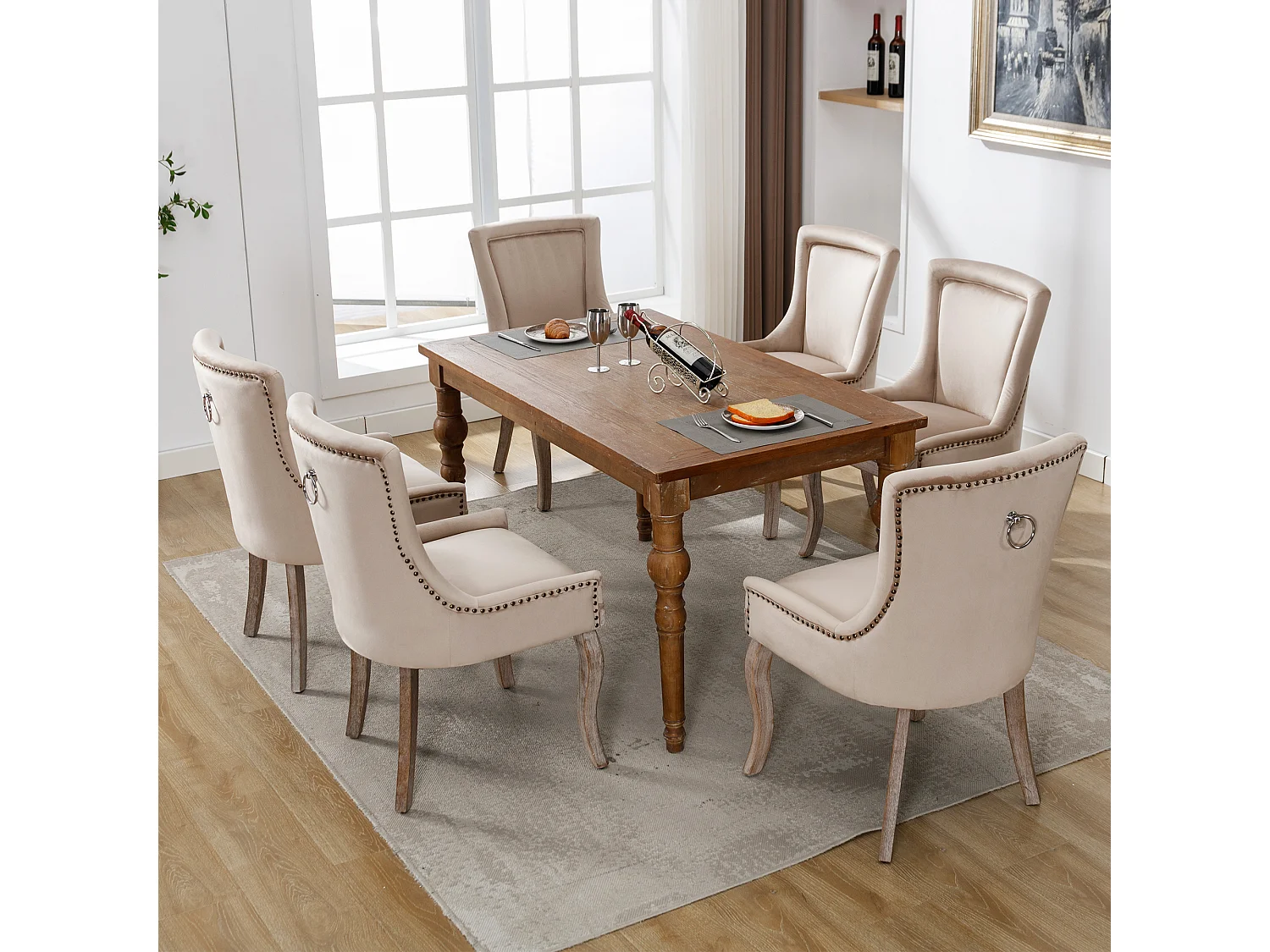 Juego de 4 sillas de comedor - asientos tapizados adornados con tachuelas decorativas y patas de madera maciza - terciopelo beige