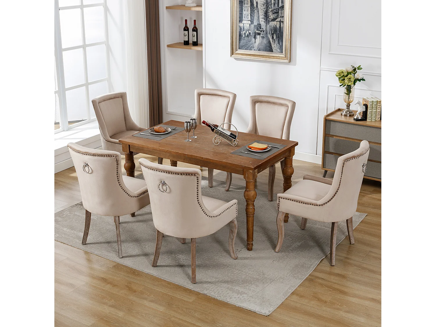 Juego de 4 sillas de comedor - asientos tapizados adornados con tachuelas decorativas y patas de madera maciza - terciopelo beige