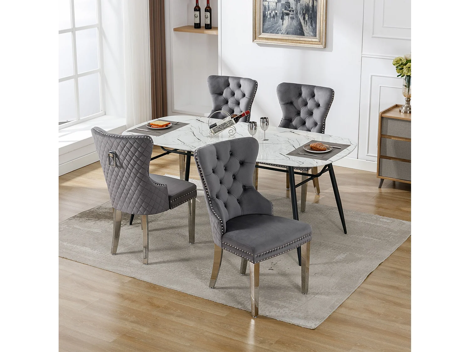 Lot de 4 chaises de salle à manger - anneaux de porte originaux au dossier - velours gris